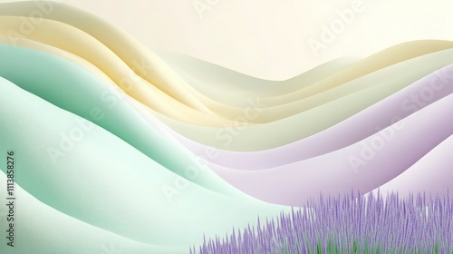 A stunning abstract design with a backdrop of soft pastel hues, including lavender, mint green, and buttery yellow. Vertical lines and gentle curves evoke a serene and dreamy landscape. photo