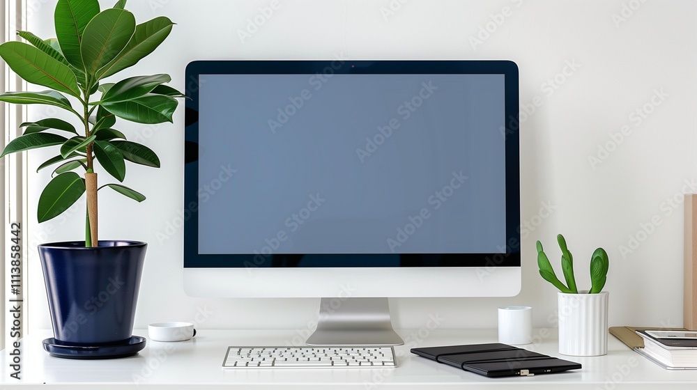 A tidy desk with a computer, a notepad, and a single plant, with a white wall background. A tidy desk with a computer, a notepad, and a single plant, with a white wall background.