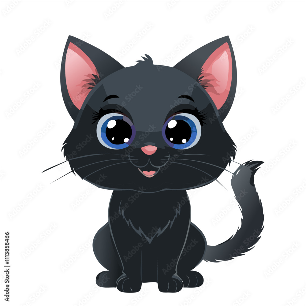 Cute black cat cartoon with big round eyes.Playful expression, minimalistic design on white background. Cute black cat cartoon with big round eyes.Playful expression, minimalistic design on white background.