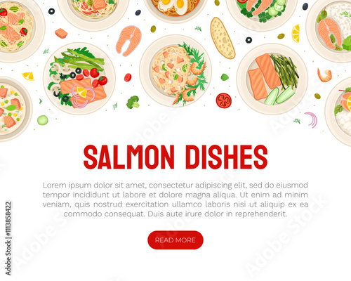 Delicious Salmon Dish Banner Design with Food Served on Plate Vector Template