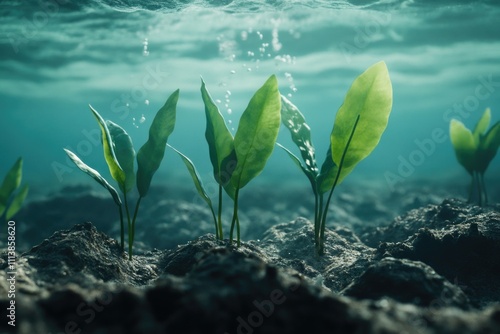 Group of green plants are growing in a rocky, murky sea. The plants are small and appear to be struggling to survive in the harsh environment photo