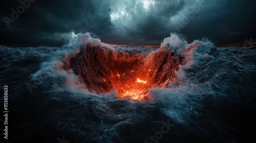 This image captures the intense energy of a volcanic eruption in the ocean, as molten lava meets the crashing sea waves under a dark, cloudy sky setting.