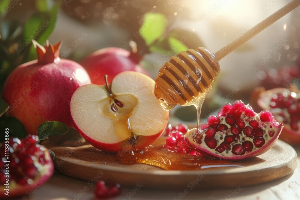 Honey drizzled apple sits on a wooden cutting board next to a bowl of pomegranates Honey drizzled apple sits on a wooden cutting board next to a bowl of pomegranates