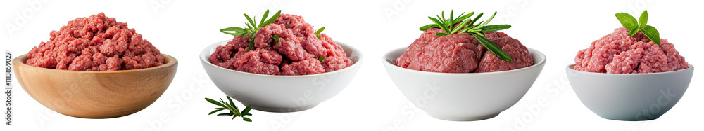 Various bowls of ground meat garnished with herbs, showcasing different textures and colors. Various bowls of ground meat garnished with herbs, showcasing different textures and colors.