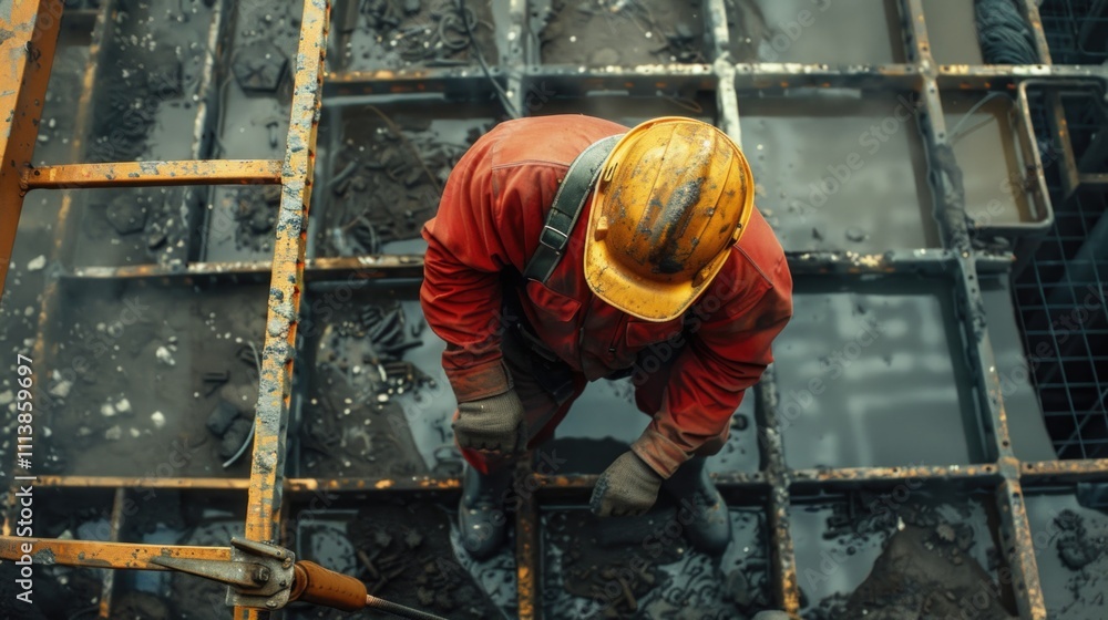 Man in a red jacket and a yellow helmet is standing on a wet floor. He is wearing a hard hat and gloves Man in a red jacket and a yellow helmet is standing on a wet floor. He is wearing a hard hat and gloves
