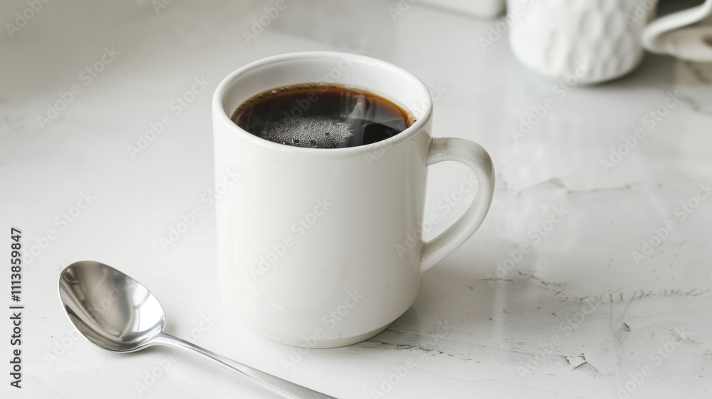 A white ceramic mug of steaming black coffee on a clean white table, with a silver spoon beside it. A white ceramic mug of steaming black coffee on a clean white table, with a silver spoon beside it.