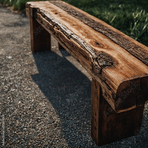 A reclaimed wood bench with natural edges.

 photo