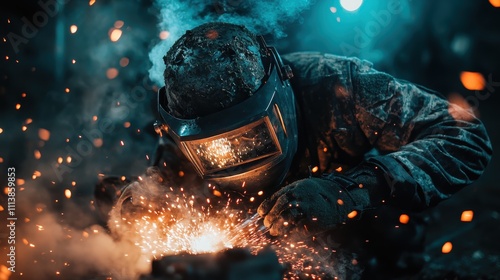 A welder in protective gear operates a tool emitting bright sparks, highlighting skilled labor and industrial craftsmanship in a dimly lit workshop scene. photo