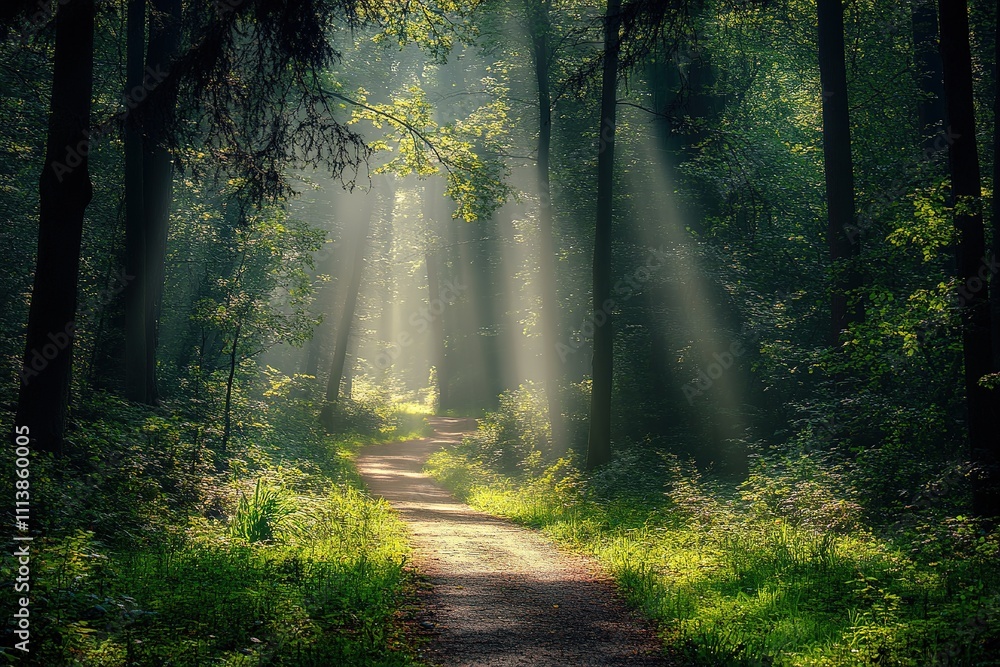 Obraz premium Sun rays piercing through serene forest, illuminating path