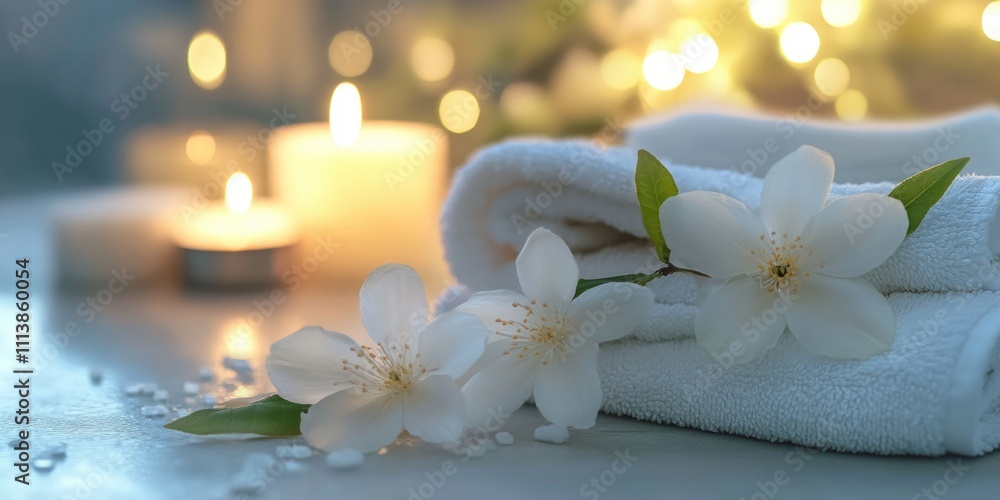 White towel with a bunch of white flowers on it. The flowers are surrounded by candles, creating a serene and calming atmosphere White towel with a bunch of white flowers on it. The flowers are surrounded by candles, creating a serene and calming atmosphere