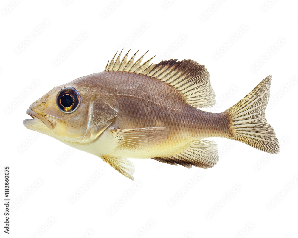 Fototapeta premium detailed image of brown fish with prominent fins and scales, isolated on white background, showcasing its natural texture and features