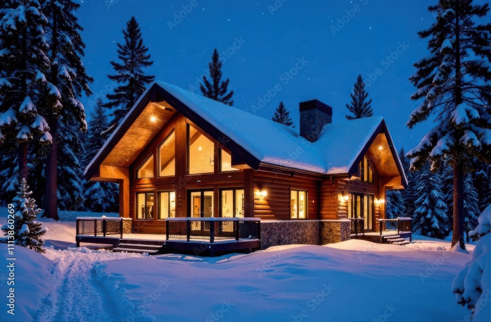 Modern chalet in winter with snow-covered roof and fir trees Modern chalet in winter with snow-covered roof and fir trees