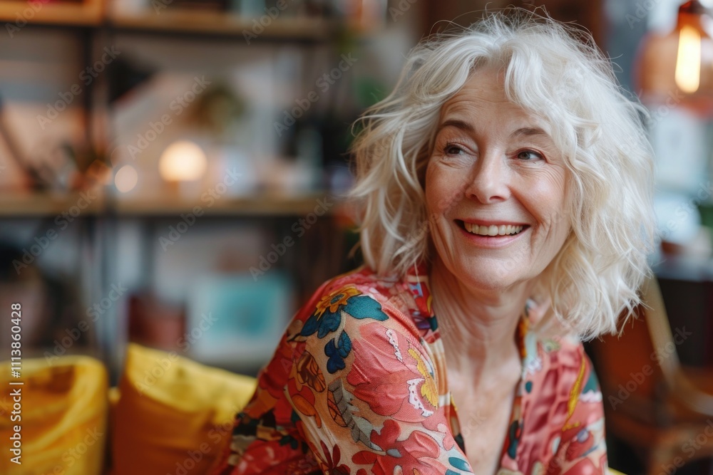 Woman with white hair is smiling and wearing a floral print shirt. She is sitting on a couch with a yellow pillow behind her