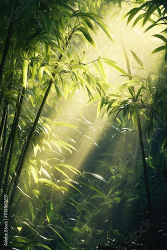 Forest with sunlight shining through the trees. The light is casting shadows on the ground and the trees