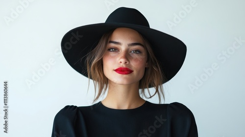 A stylish woman in a black dress and wide-brim hat stands elegantly, her red lipstick adding a bold contrast, embodying classic fashion and chic modernity. photo