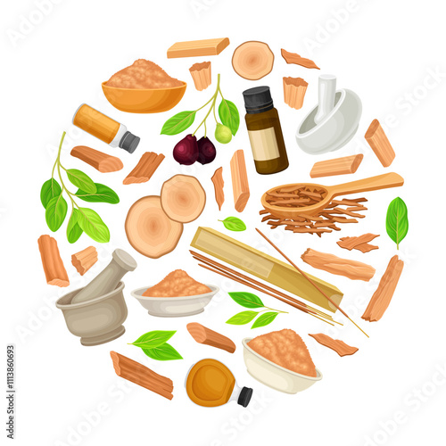 Sandalwood Round Composition Design with Fragrant Sticks and Essential Oil Vector Template