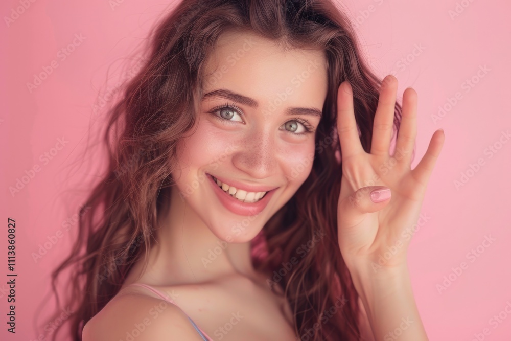 Woman with long brown hair is smiling and holding up her hand in a peace sign. The image has a happy and positive mood, conveying a sense of joy and contentment Woman with long brown hair is smiling and holding up her hand in a peace sign. The image has a happy and positive mood, conveying a sense of joy and contentment
