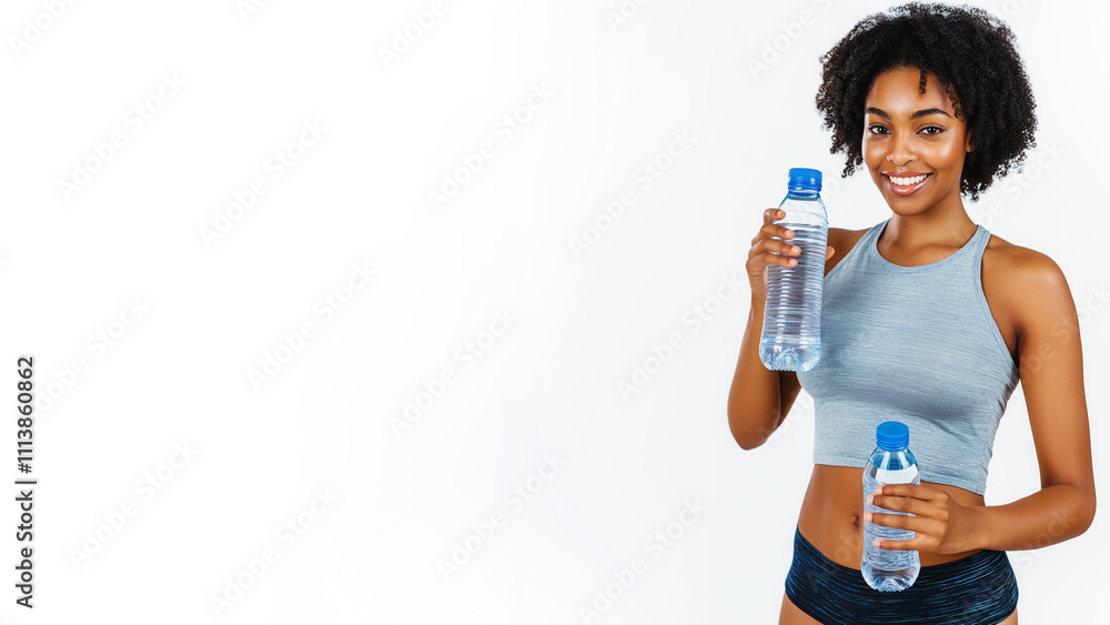 Sporty woman holding bottles of water on white background with copy space Sporty woman holding bottles of water on white background with copy space