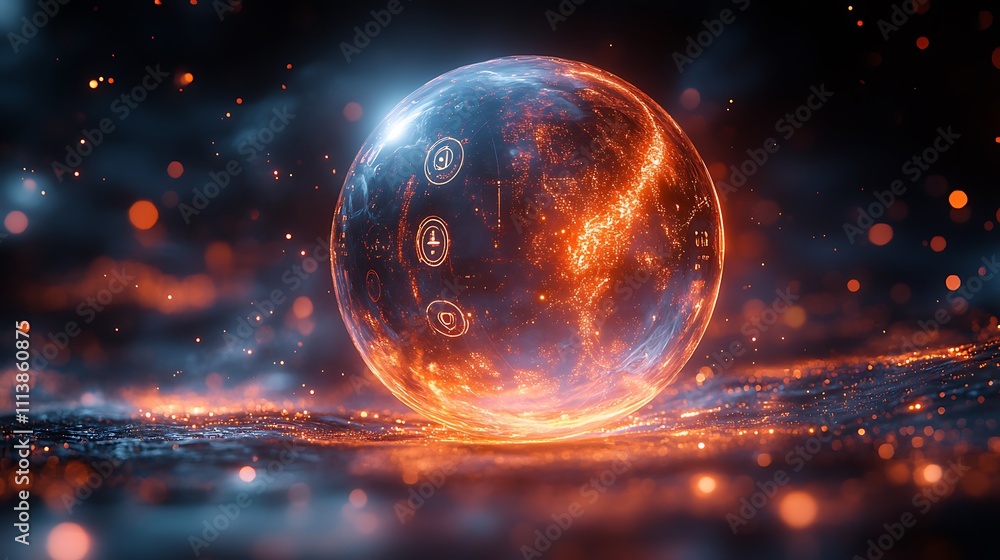 A luminous orb featuring holographic rotating symbols and faint glimmering particle effects for depth A luminous orb featuring holographic rotating symbols and faint glimmering particle effects for depth