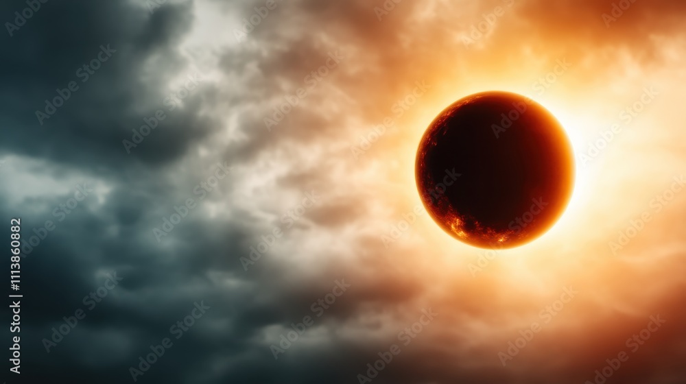 An intense eclipse shines with fiery hues amidst a tumultuous stormy sky, creating a powerful visual contrast between light and dark shadows in the atmosphere.