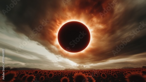 A magnificent solar eclipse provides a dramatic backdrop to a sunflower field, casting glowing light and dark shadows which create an enchanting and surreal spectacle.