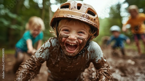 In a glorious display of exuberance, children wearing helmets are immersed in playful mud antics, embodying the sheer joy and freedom of uninhibited outdoor play.