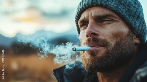 A bearded man, clad in a knit hat and warm jacket, enjoys smoking a cigarette while looking into the distance, exuding a sense of contemplation and serenity. photo