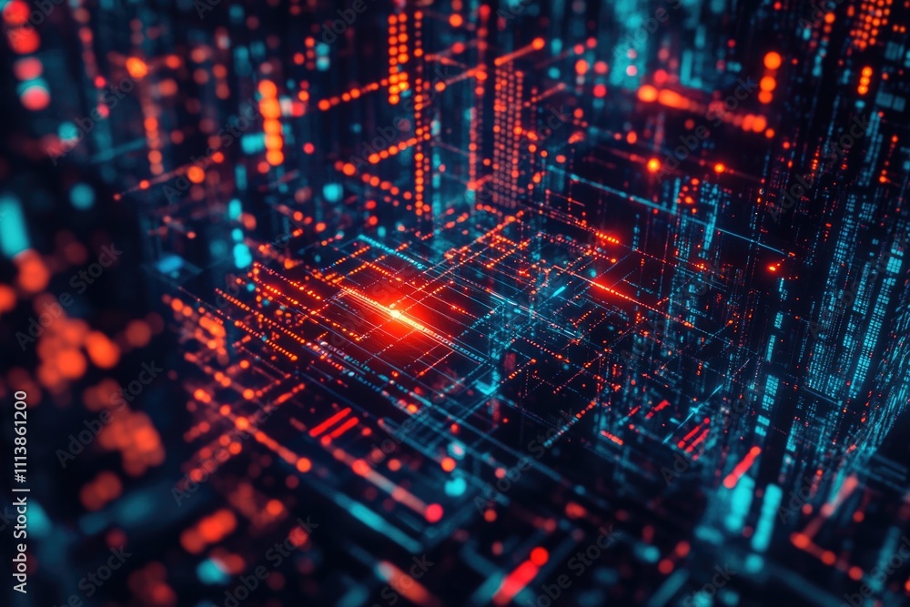 Computer generated image of a cityscape with a red light in the middle. The image is full of bright colors and has a futuristic feel to it Computer generated image of a cityscape with a red light in the middle. The image is full of bright colors and has a futuristic feel to it