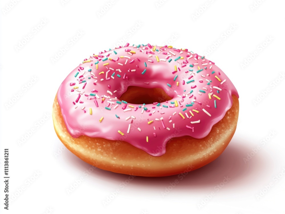 Pink frosted doughnut with sprinkles on top. The doughnut is sitting on a white background Pink frosted doughnut with sprinkles on top. The doughnut is sitting on a white background