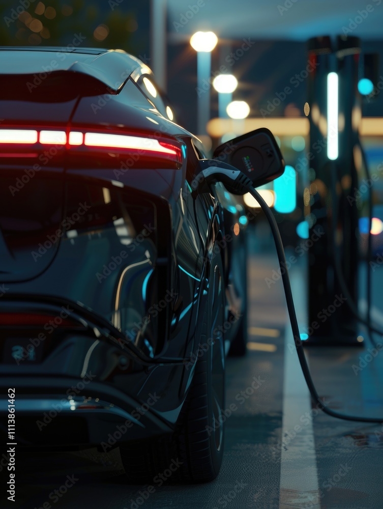 Black car is charging at a charging station. The car is black and shiny, and the lights are on. Scene is modern and futuristic Black car is charging at a charging station. The car is black and shiny, and the lights are on. Scene is modern and futuristic