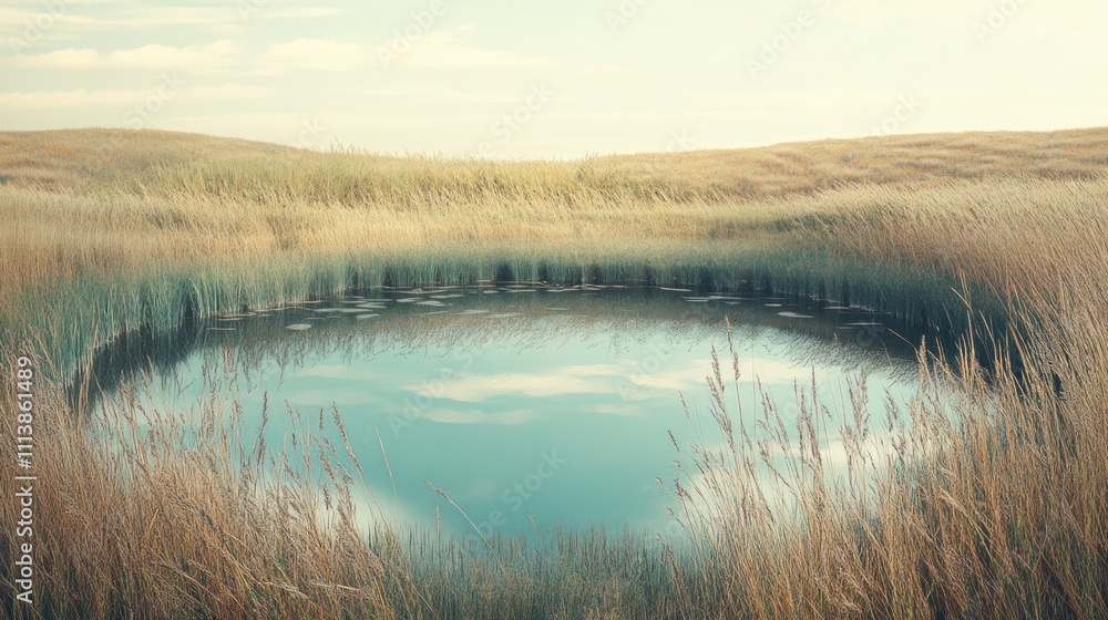 Serene Pond Reflecting Sky In Golden Grassland Serene Pond Reflecting Sky In Golden Grassland