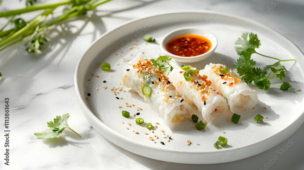 Crispy Rice Paper Dumplings with Sweet Chili Sauce and Herbs, Asian Fusion Appetizer Photography Crispy Rice Paper Dumplings with Sweet Chili Sauce and Herbs, Asian Fusion Appetizer Photography