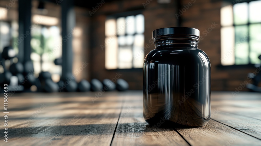A black jar on a wooden floor in a gym, suggesting fitness or supplement use. A black jar on a wooden floor in a gym, suggesting fitness or supplement use.
