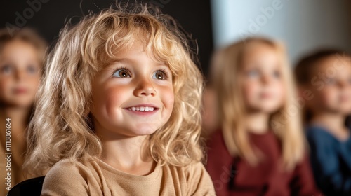 A cheerful child with blonde hair smiles enchantingly as they sit among other kids, experiencing awe and excitement, signifying joy and innocence in a group setting.