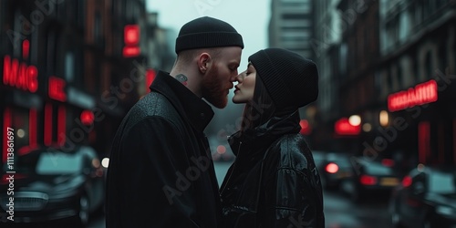 Couple in trendy streetwear look Romantic Kiss on Rainy Urban Street with Neon Lights, for Love Relationship Themes, Valentine's day in Print, Digital Media, Marketing Campaigns