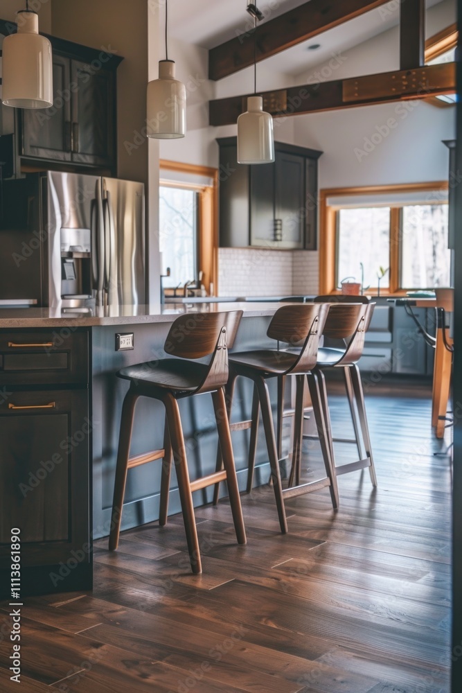 Kitchen with a counter and two wooden bar stools. The kitchen is well-lit and has a modern design Kitchen with a counter and two wooden bar stools. The kitchen is well-lit and has a modern design