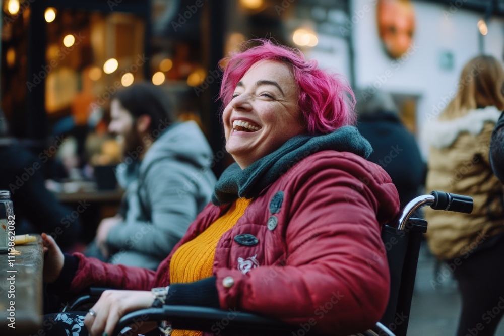 Woman in a wheelchair is smiling and wearing a red jacket. She is surrounded by other people, some of whom are also smiling. The scene appears to be a casual gathering or a social event Woman in a wheelchair is smiling and wearing a red jacket. She is surrounded by other people, some of whom are also smiling. The scene appears to be a casual gathering or a social event