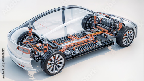 Back view of Electric sport Car concept without brand semi transparent to see battery wires and all the technical system on a white background