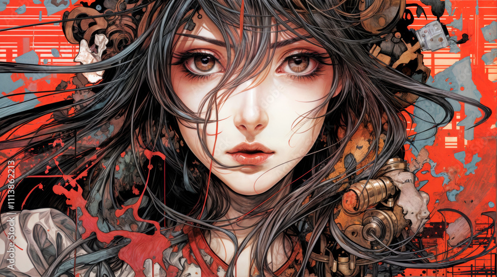 Drawing in Manga style of a Girl Face with long black hair and intense brown eyes looking to the camera with an abstract red and lightblue shapes background Drawing in Manga style of a Girl Face with long black hair and intense brown eyes looking to the camera with an abstract red and lightblue shapes background