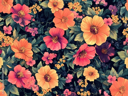 Colorful flowery background with a few flowers in the foreground. The flowers are in various colors and sizes, and the background is a mix of different shades of pink, purple, and yellow