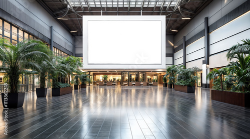 High large White Billboard with thick white frame in the middle of a Shopping mall behind a walk with some vegetation and without people