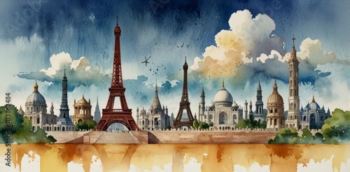 watercolor background of Travel the world monument concept. Famous landmarks from around the world surrounding a globe with airplanes.