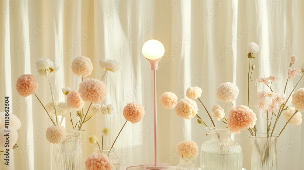 Obraz premium Elegant floral lamp with soft pink metal stem and glowing white bulb, surrounded by pastel pom-pom flowers in glass vases, against a light-colored curtain. Warm and calming scene.