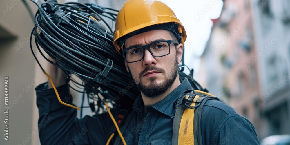 Man wearing a yellow hard hat and safety glasses is holding a bundle of wires. He looks serious and focused