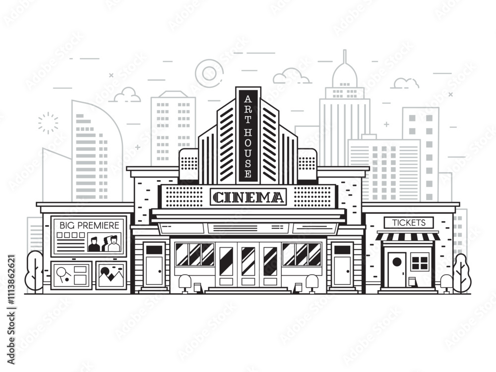 Retro Cinema or Movie Theater Building in Line Art