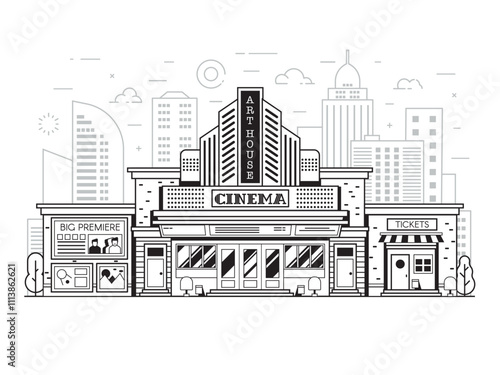 Obraz na płótnie Retro Cinema or Movie Theater Building in Line Art w salonie