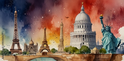 watercolor background of Travel the world monument concept. Famous landmarks from around the world surrounding a globe with airplanes.