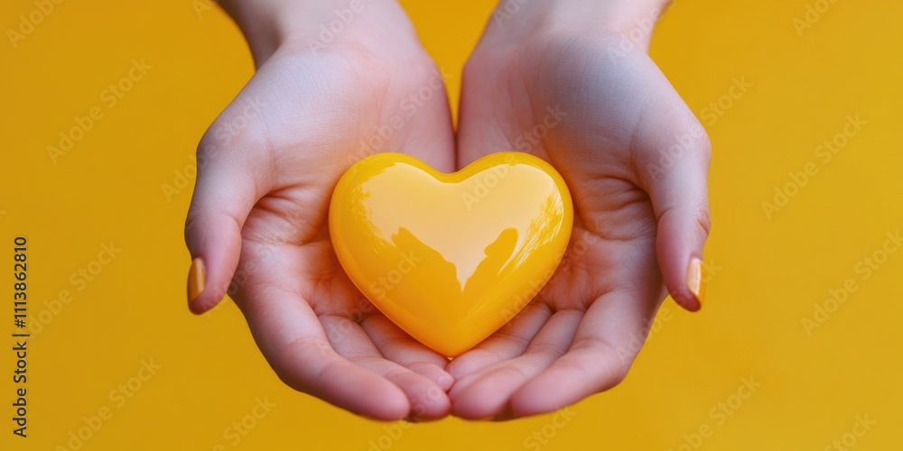 Fototapeta premium Woman is holding a yellow heart in her hands. The heart is placed between her fingers, and she is holding it up to the camera. Concept of warmth, love, and care