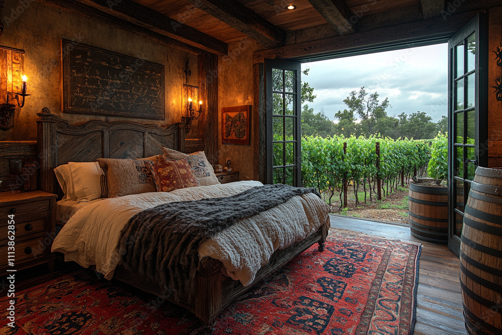 Rustic Bedroom with Vineyard View Open Doors Rustic Bedroom with Vineyard View Open Doors