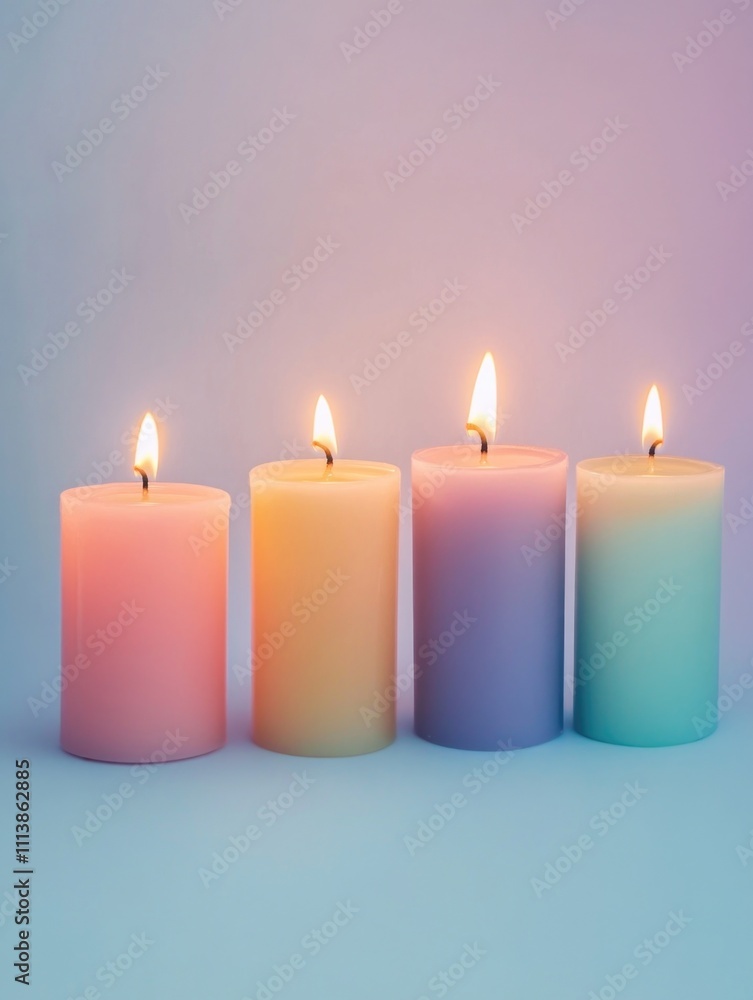 Row of four candles with different colors and sizes. The candles are lit and are placed on a blue background. The candles are arranged in a row, with the tallest one in the middle Row of four candles with different colors and sizes. The candles are lit and are placed on a blue background. The candles are arranged in a row, with the tallest one in the middle